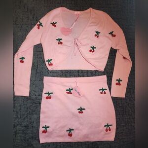 NWT Dollskill Cherry Embroidered Pink Cardigan and Skirt Set